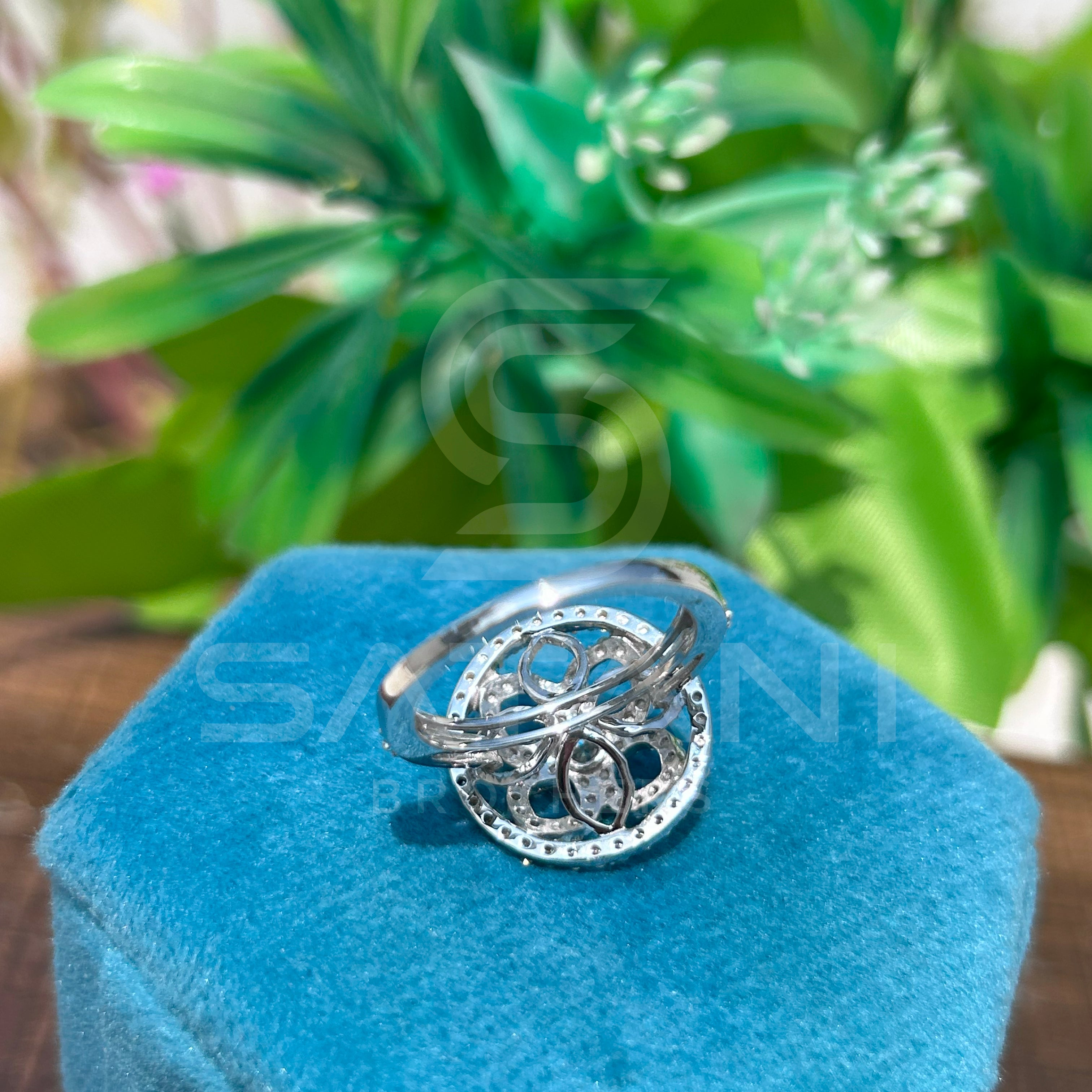 Floral Wheel Moissanite Statement Ring | Designer Round Cut Cocktail Ring in 925 Silver | Bold Geometric Halo Ring | Satani Brothers Jewelry