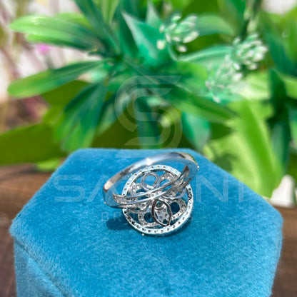 Floral Wheel Moissanite Statement Ring | Designer Round Cut Cocktail Ring in 925 Silver | Bold Geometric Halo Ring | Satani Brothers Jewelry