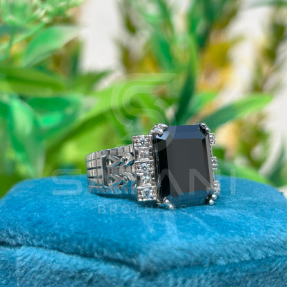 Men’s Black Onyx Emerald Cut Ring – Vintage Art Deco Statement Ring with Side Stones