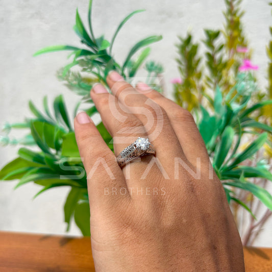 Vintage Filigree Engagement Ring – Round Brilliant Solitaire with Split Shank, Elegant Promise or Wedding Ring