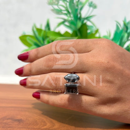 Elegant Black Diamond Solitaire Ring – Emerald & Marquise Cut, 925 Sterling Silver Engagement Ring, Unique Minimalist Jewelry Gift for He