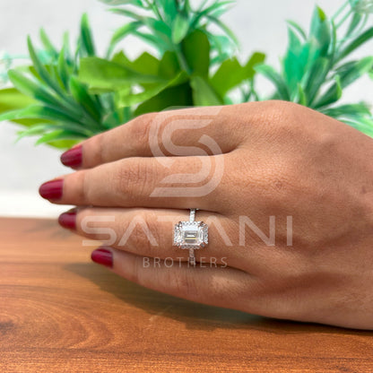 Emerald Cut Moissanite Engagement Ring – Dainty Pavé Band Moissanite Jewellery in White Gold, Elegant Bridal & Anniversary Ring by Satani Brothers