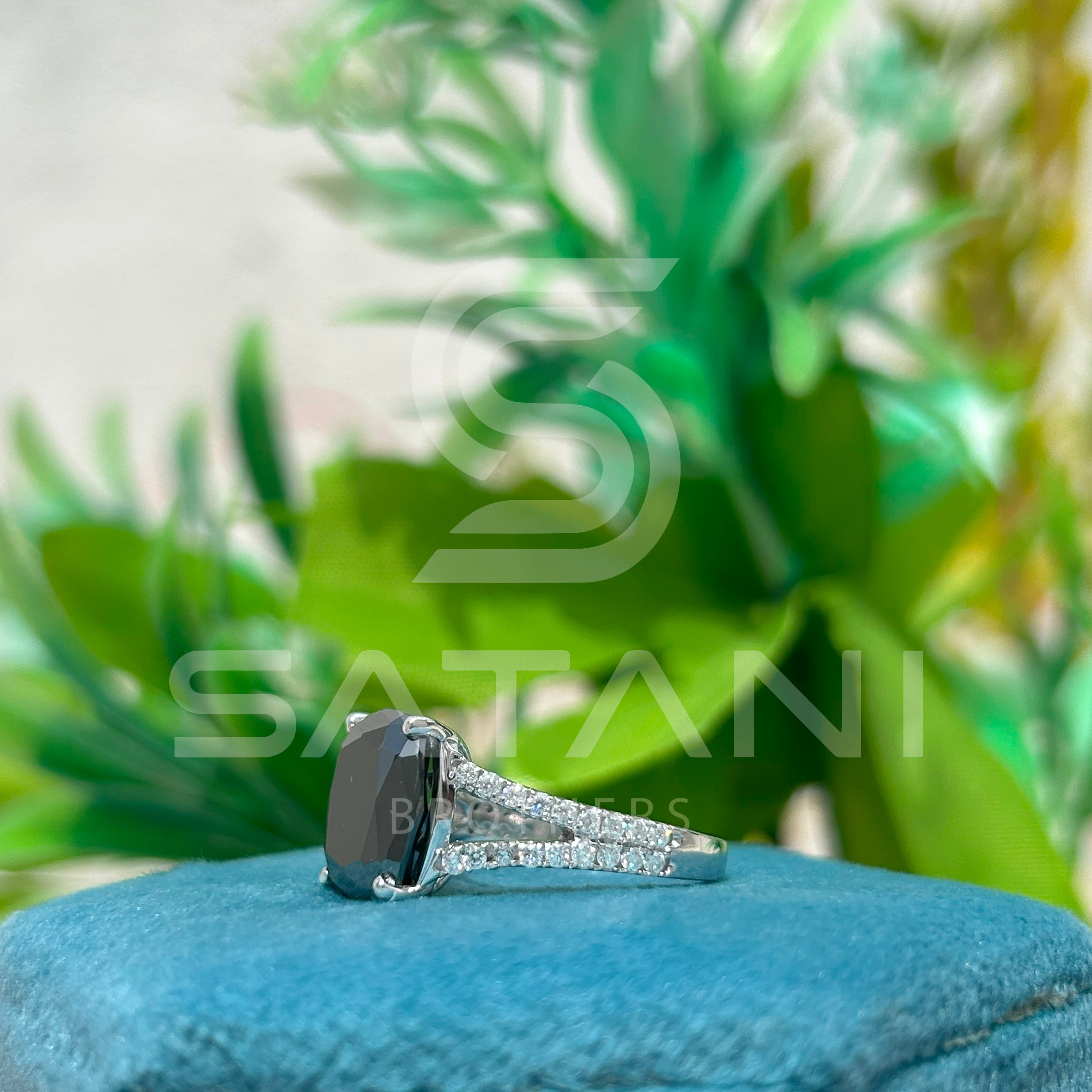 Cushion Cut Black Moissanite Engagement Ring – 12mm Center Stone with Split Shank, 14K White Gold Vintage Inspired Statement Ring