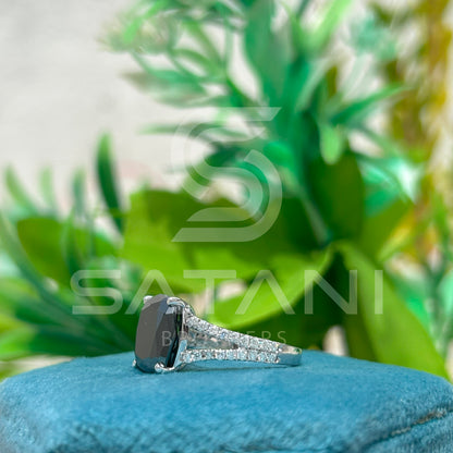 Cushion Cut Black Moissanite Engagement Ring – 12mm Center Stone with Split Shank, 14K White Gold Vintage Inspired Statement Ring