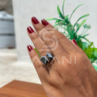 Elegant Black Diamond Solitaire Ring – Emerald & Marquise Cut, 925 Sterling Silver Engagement Ring, Unique Minimalist Jewelry Gift for He