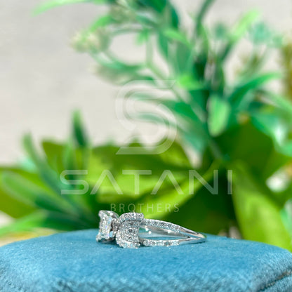 Moissanite Bow Engagement Ring – Round Cut Solitaire with Pave Diamond Accents, Unique Ribbon Design Bridal Ring, White Gold/Platinum"