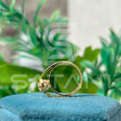 "Gold Moissanite Engagement Ring – Round Cut Solitaire with Halo and Split Shank Pave Band, Unique Diamond Alternative Bridal Ring"