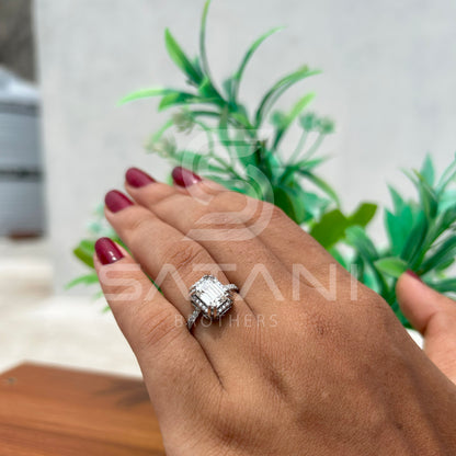 Emerald Cut Moissanite Engagement Ring – Dainty Pavé Band Moissanite Jewellery in White Gold, Elegant Bridal & Anniversary Ring by Satani Brothers