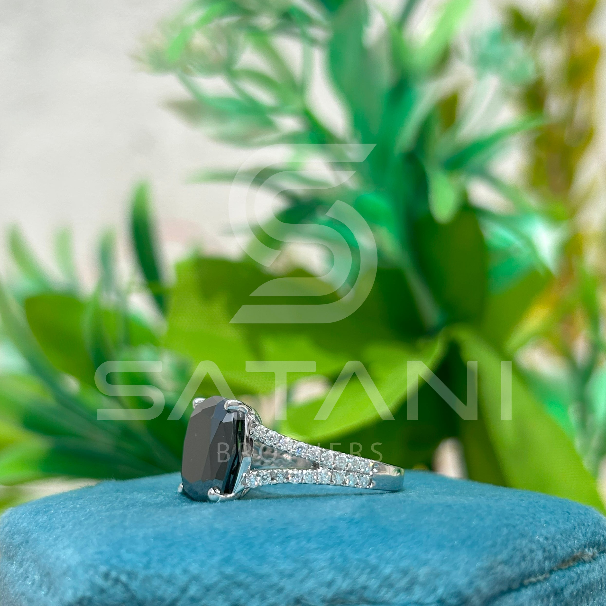 Cushion Cut Black Moissanite Engagement Ring – 12mm Center Stone with Split Shank, 14K White Gold Vintage Inspired Statement Ring