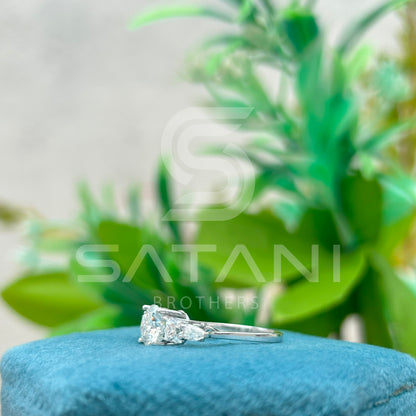 Five Stone Moissanite Engagement Ring | 14K White Gold | Round Center with Princess & Pear Side Stones | Unique Bridal Ring