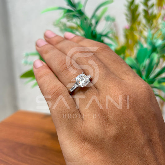 Cushion Cut Diamond Engagement Ring with Baguette Side Stones | 925 Silver Solitaire Ring | Classic Three Stone Diamond Ring for Women