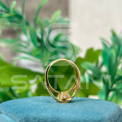 "Gold Moissanite Engagement Ring – Round Cut Solitaire with Halo and Split Shank Pave Band, Unique Diamond Alternative Bridal Ring"