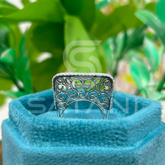 Elegant Wide Band Pave Diamond Ring – Multi-Row Rectangle Top with Filigree Design, Statement Cocktail Ring