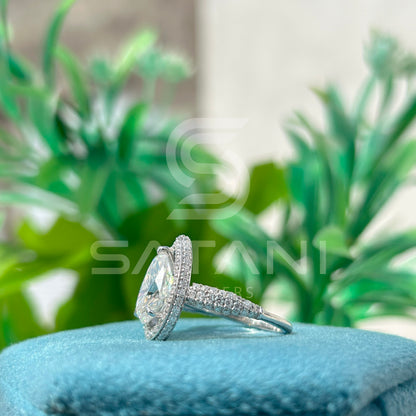Pear Shape Moissanite Engagement Ring 12x8mm Center | 18K White Gold Halo Bridal Ring with Pave Band