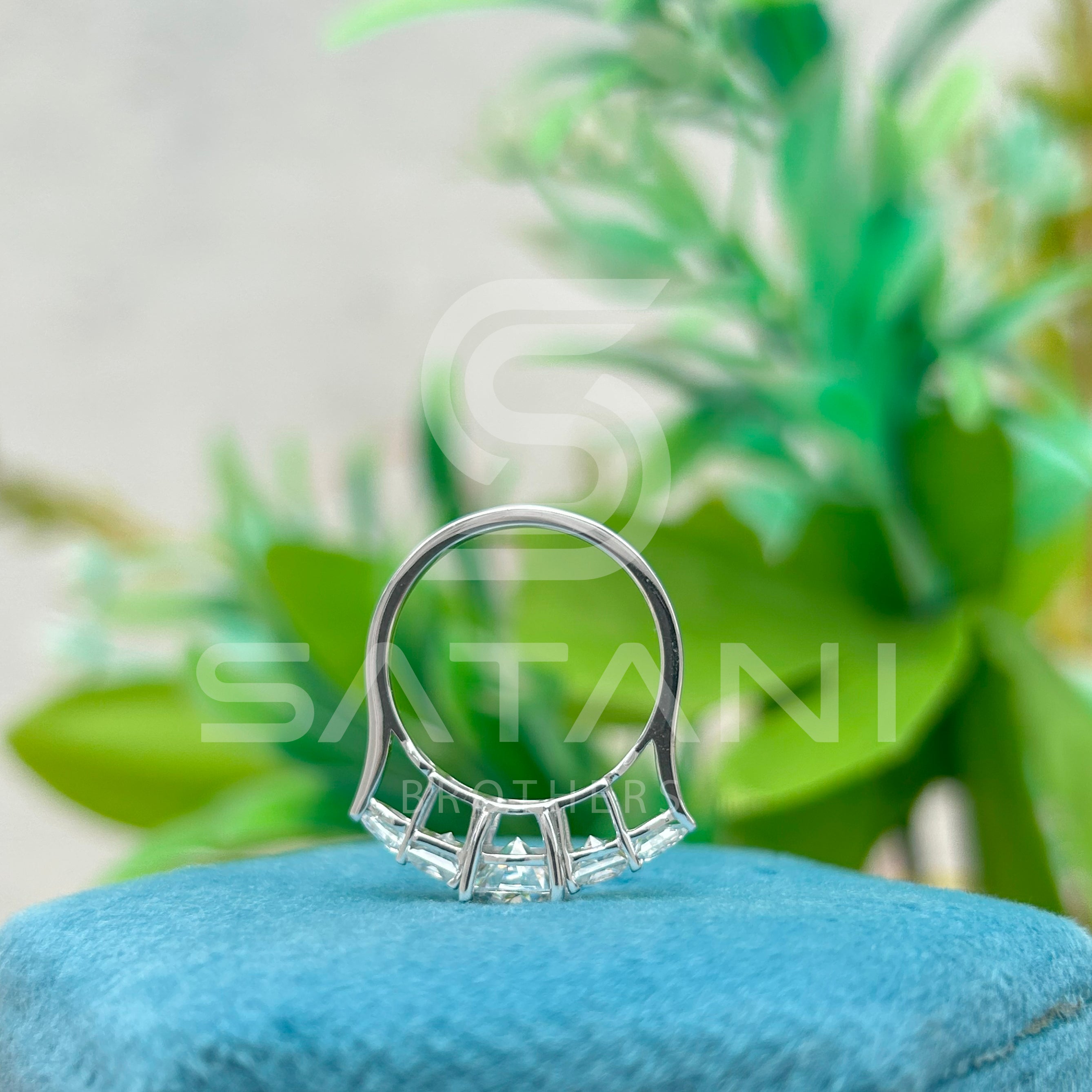 Five Stone Moissanite Engagement Ring | 14K White Gold | Round Center with Princess & Pear Side Stones | Unique Bridal Ring