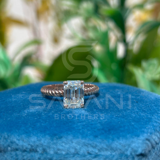 Emerald Cut Moissanite Ring with Twisted Rope Band – Rose Gold / Silver / 10K 14K 18K Gold – Unique Solitaire Engagement or Promise Ring