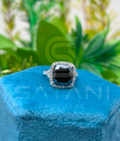 "Cushion Cut Black Moissanite Ring – Halo Engagement Ring in 925 Silver or Gold, Vintage Style Bridal Ring, Gothic Statement Jewelry"