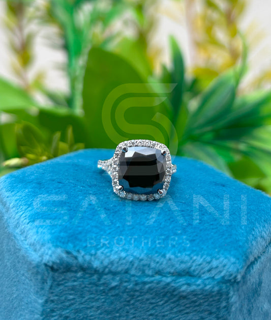 "Cushion Cut Black Moissanite Ring – Halo Engagement Ring in 925 Silver or Gold, Vintage Style Bridal Ring, Gothic Statement Jewelry"