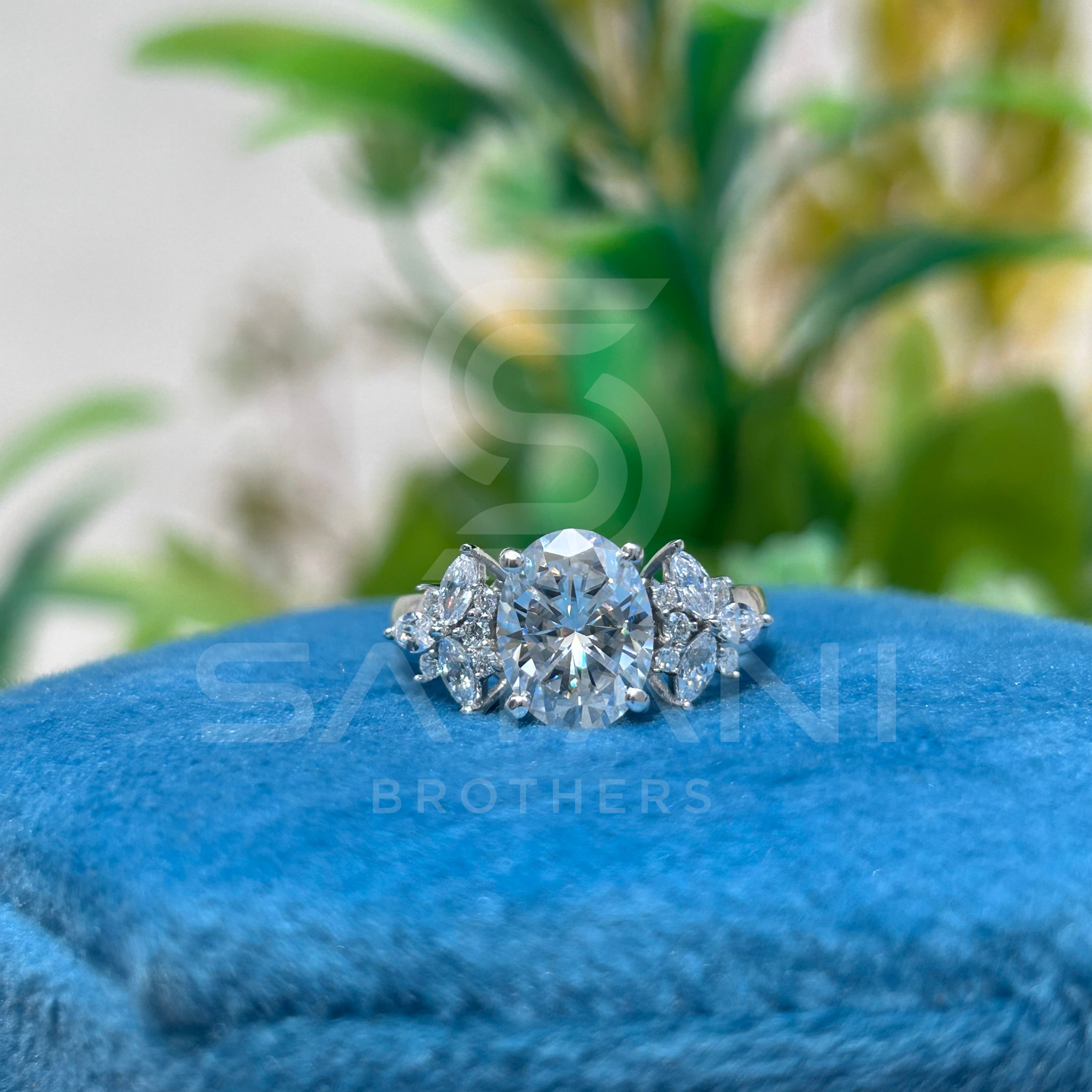 Classic oval Moissanite Diamond Ring– Trio Side Stone Setting