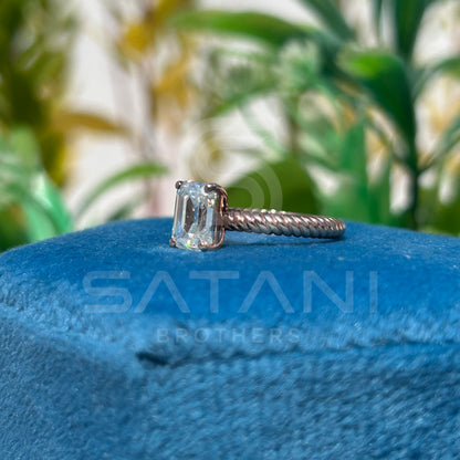 Emerald Cut Moissanite Ring with Twisted Rope Band – Rose Gold / Silver / 10K 14K 18K Gold – Unique Solitaire Engagement or Promise Ring