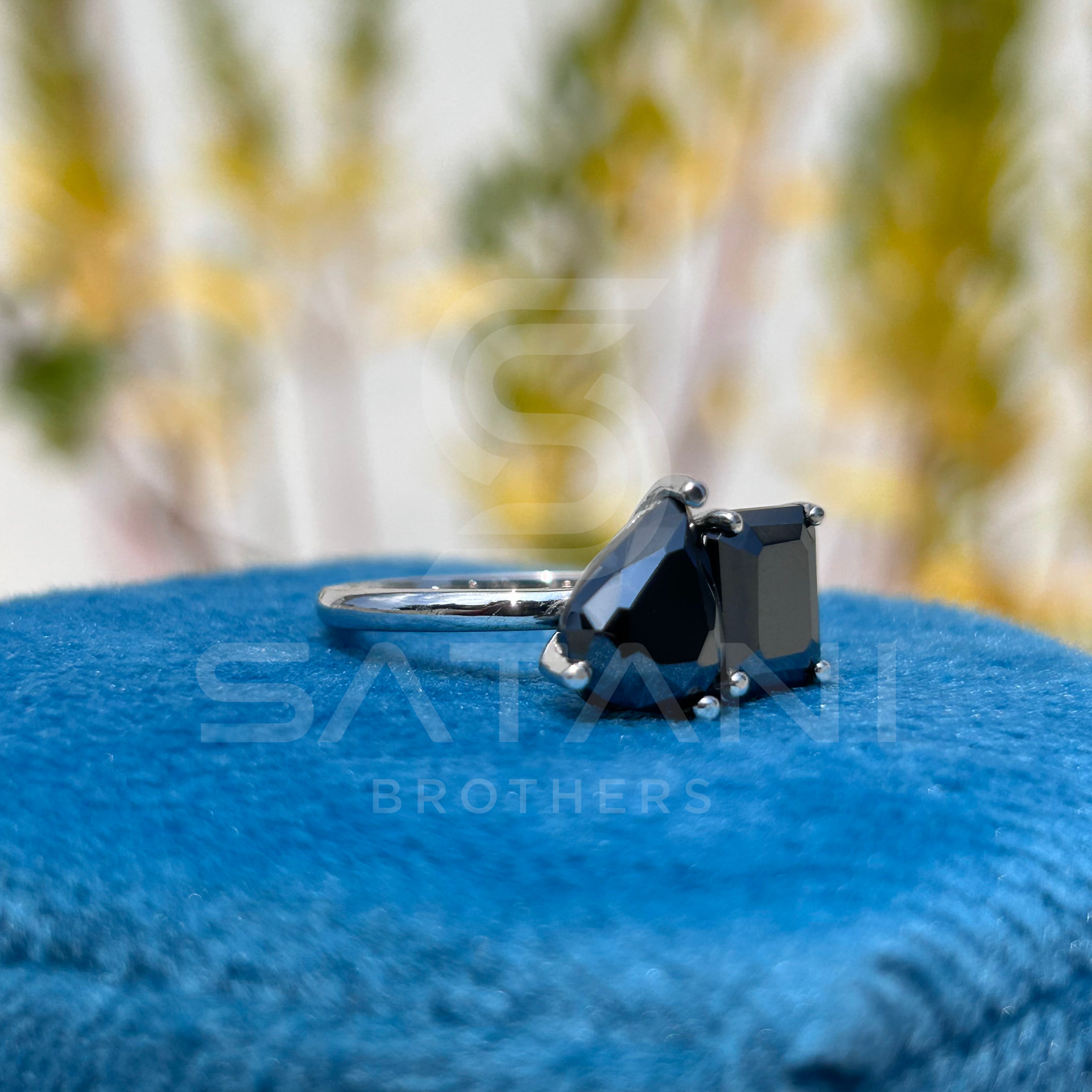 "Black Moissanite Toi et Moi Ring – Pear & Emerald Cut, Two Stone Engagement Ring in Silver or Gold, Unique Statement Jewelry for Her"