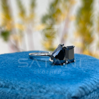 "Black Moissanite Toi et Moi Ring – Pear & Emerald Cut, Two Stone Engagement Ring in Silver or Gold, Unique Statement Jewelry for Her"