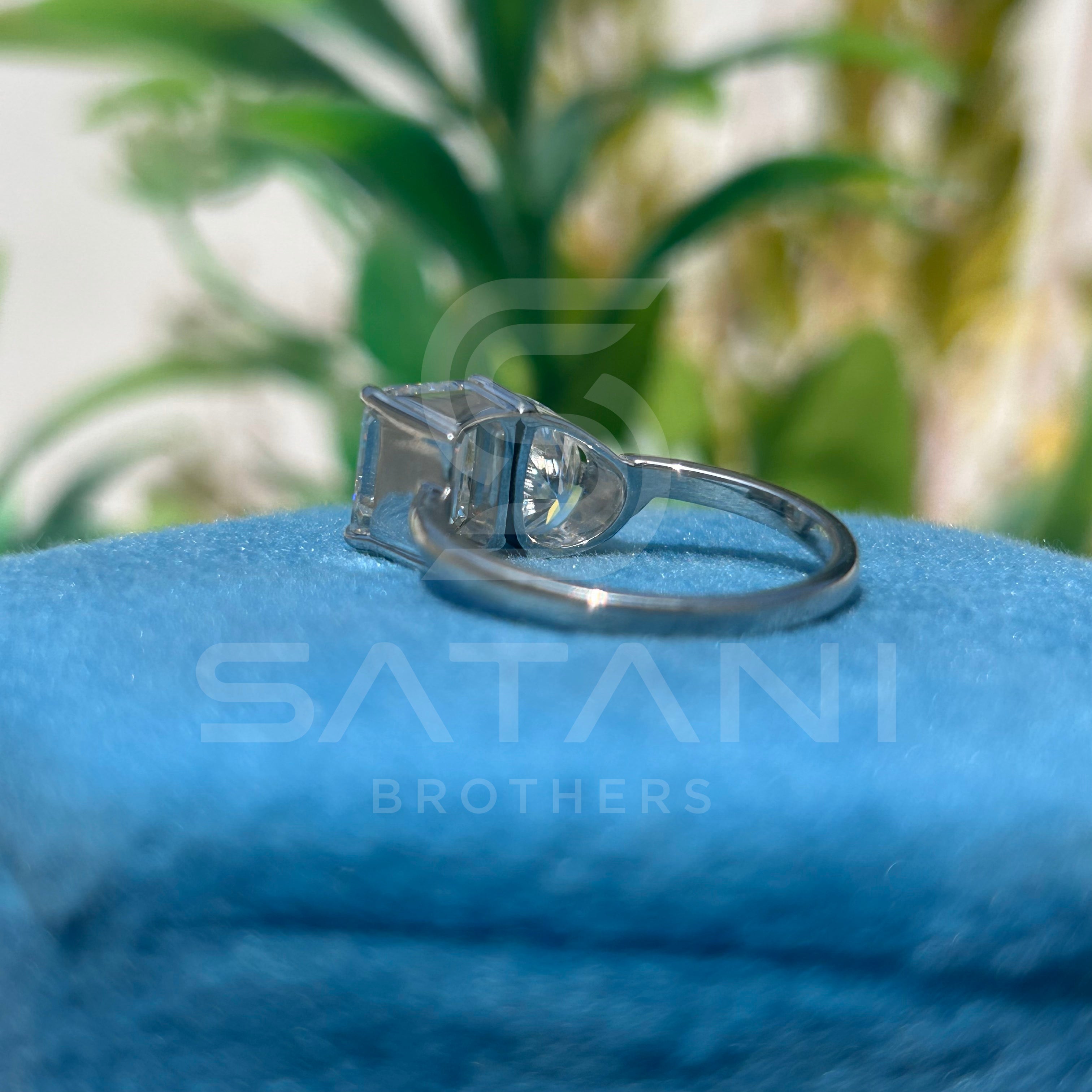 "Two Stone Moissanite Engagement Ring – Pear and Emerald Cut Toi et Moi Design, 14K White Gold, Modern Bridal Jewelry"