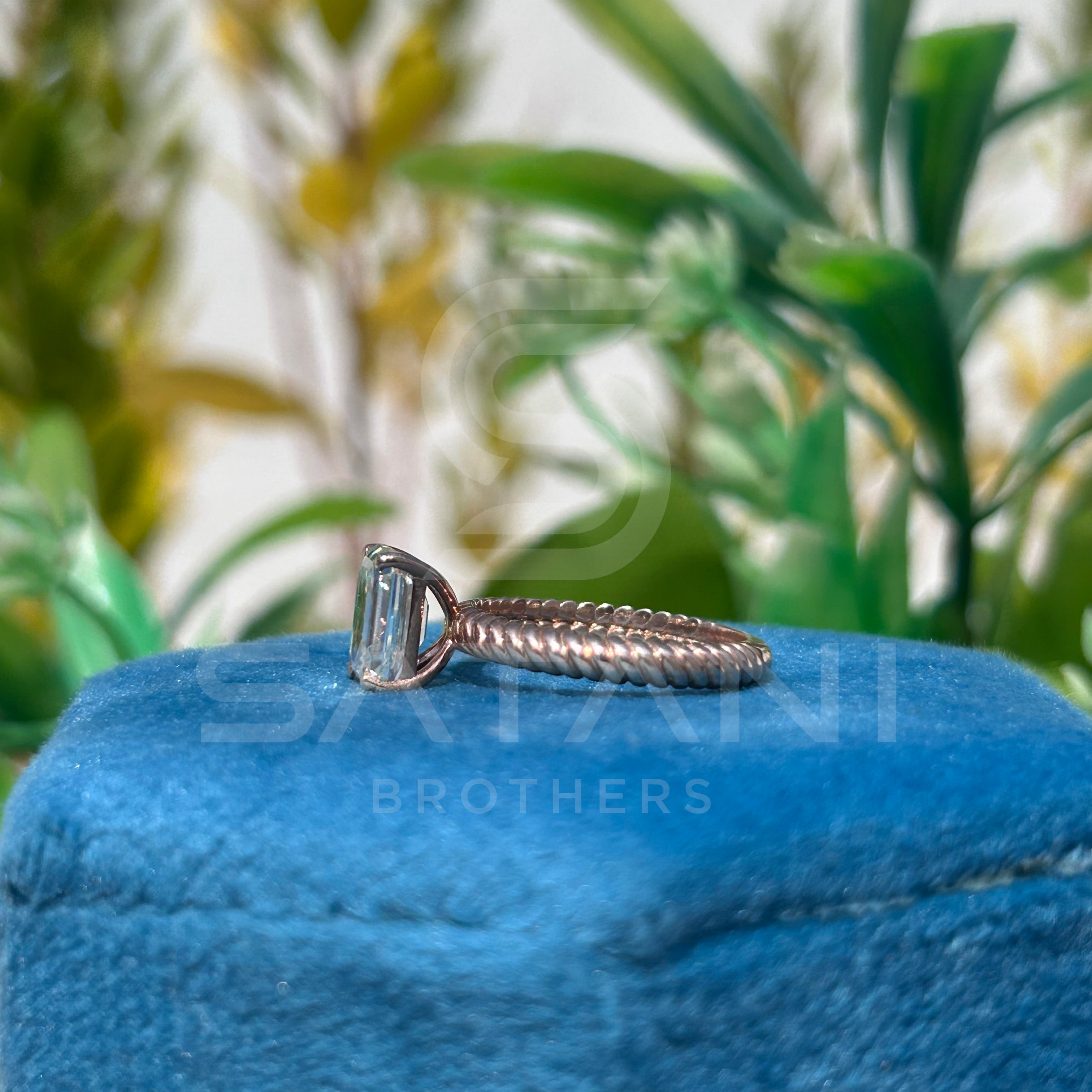Emerald Cut Moissanite Ring with Twisted Rope Band – Rose Gold / Silver / 10K 14K 18K Gold – Unique Solitaire Engagement or Promise Ring