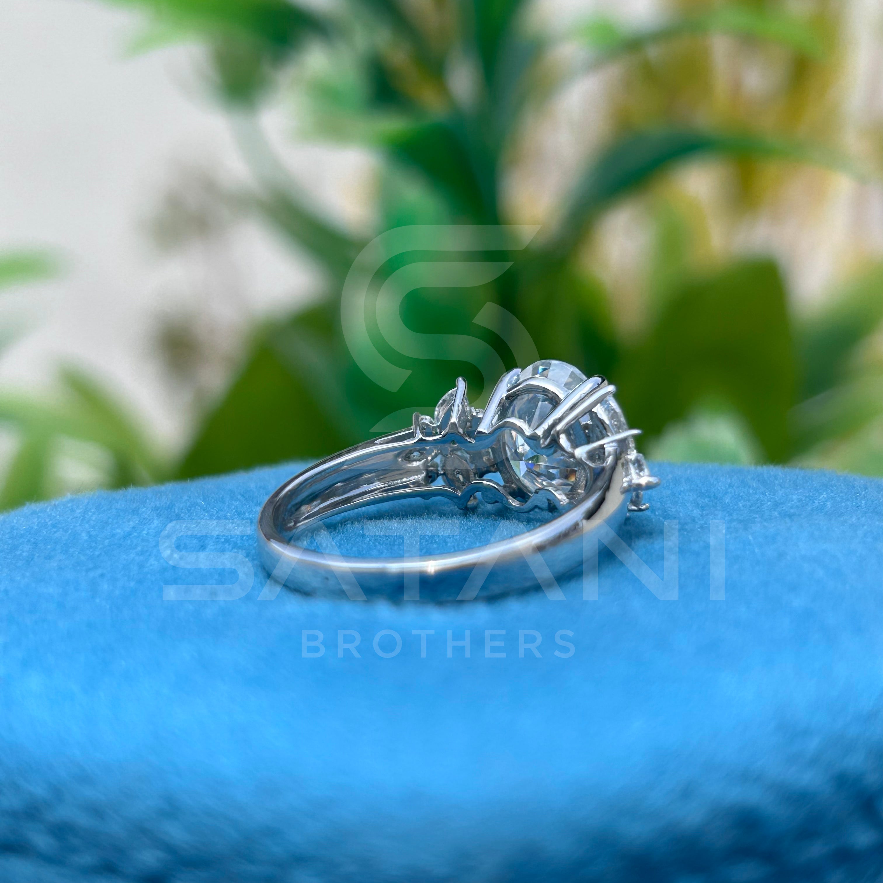 Classic oval Moissanite Diamond Ring– Trio Side Stone Setting