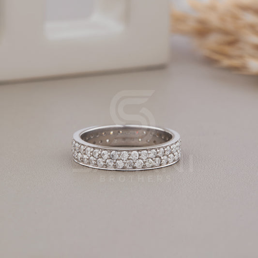 Double row full Eternity Ring silver, Two Line Round Diamond Wedding Band Dainty Eternity Ring For Women, Anniversary Valentine Gift For Her