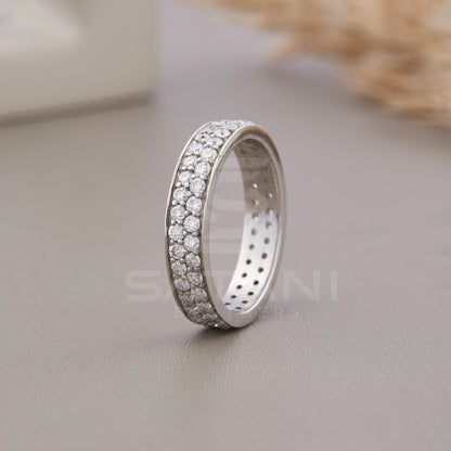 Double row full Eternity Ring silver, Two Line Round Diamond Wedding Band Dainty Eternity Ring For Women, Anniversary Valentine Gift For Her