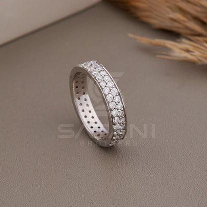 Double row full Eternity Ring silver, Two Line Round Diamond Wedding Band Dainty Eternity Ring For Women, Anniversary Valentine Gift For Her