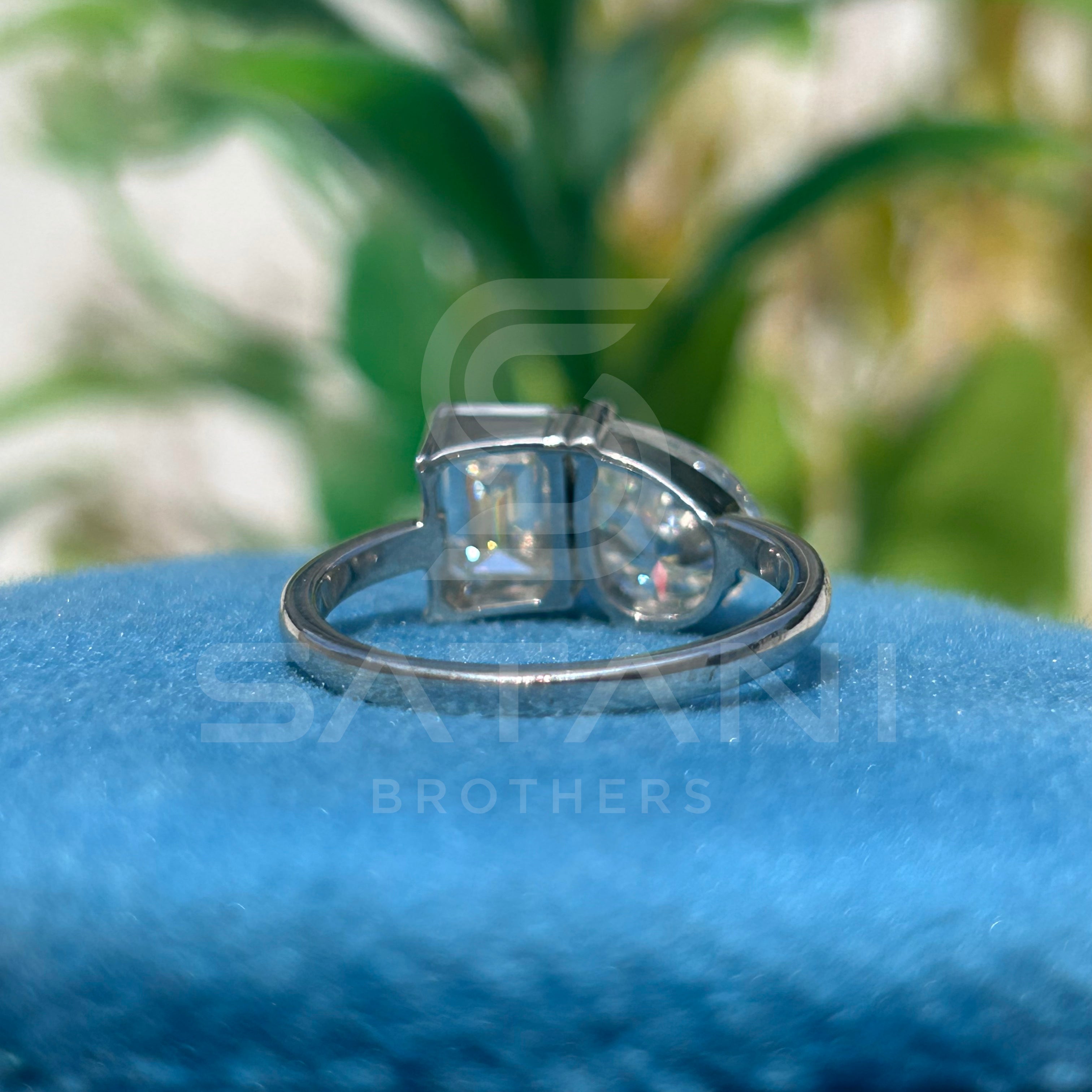 "Two Stone Moissanite Engagement Ring – Pear and Emerald Cut Toi et Moi Design, 14K White Gold, Modern Bridal Jewelry"