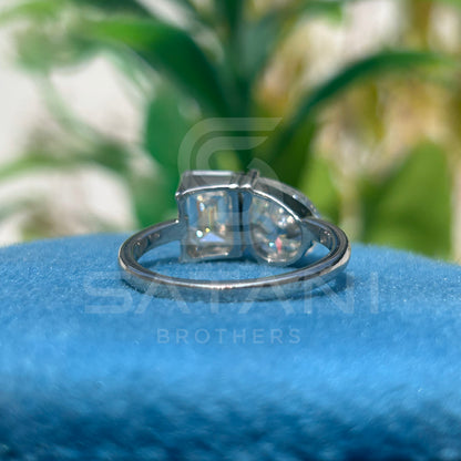 "Two Stone Moissanite Engagement Ring – Pear and Emerald Cut Toi et Moi Design, 14K White Gold, Modern Bridal Jewelry"