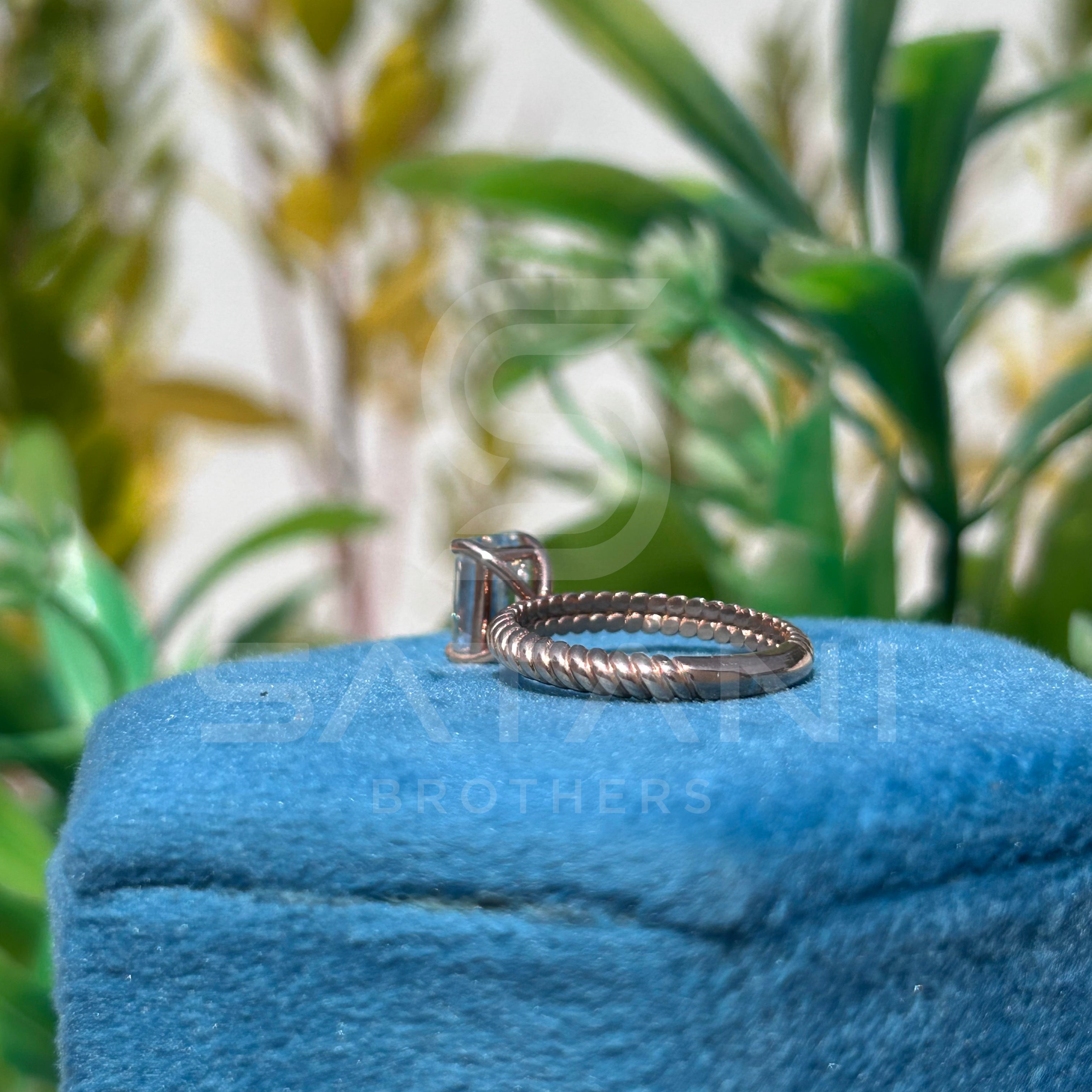 Emerald Cut Moissanite Ring with Twisted Rope Band – Rose Gold / Silver / 10K 14K 18K Gold – Unique Solitaire Engagement or Promise Ring