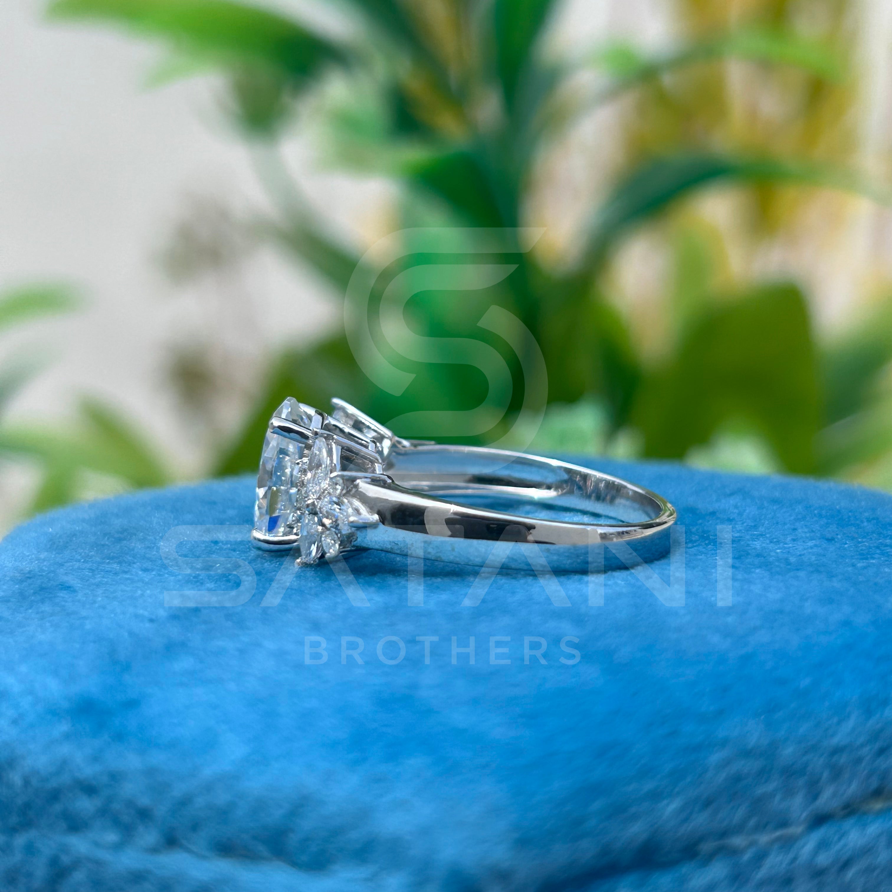 Classic oval Moissanite Diamond Ring– Trio Side Stone Setting