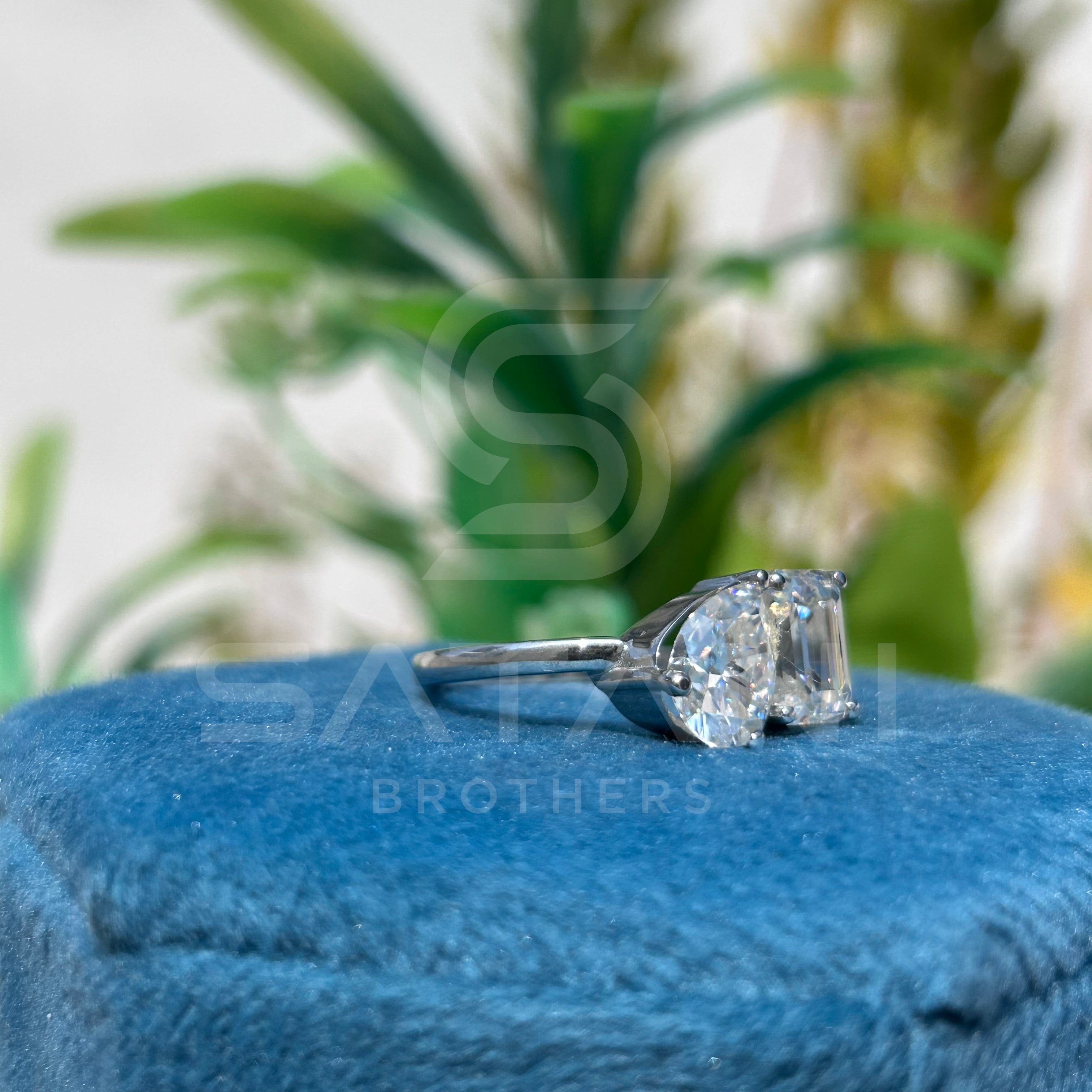 "Two Stone Moissanite Engagement Ring – Pear and Emerald Cut Toi et Moi Design, 14K White Gold, Modern Bridal Jewelry"