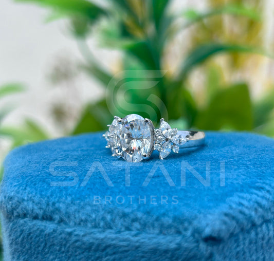 Classic oval Moissanite Diamond Ring– Trio Side Stone Setting