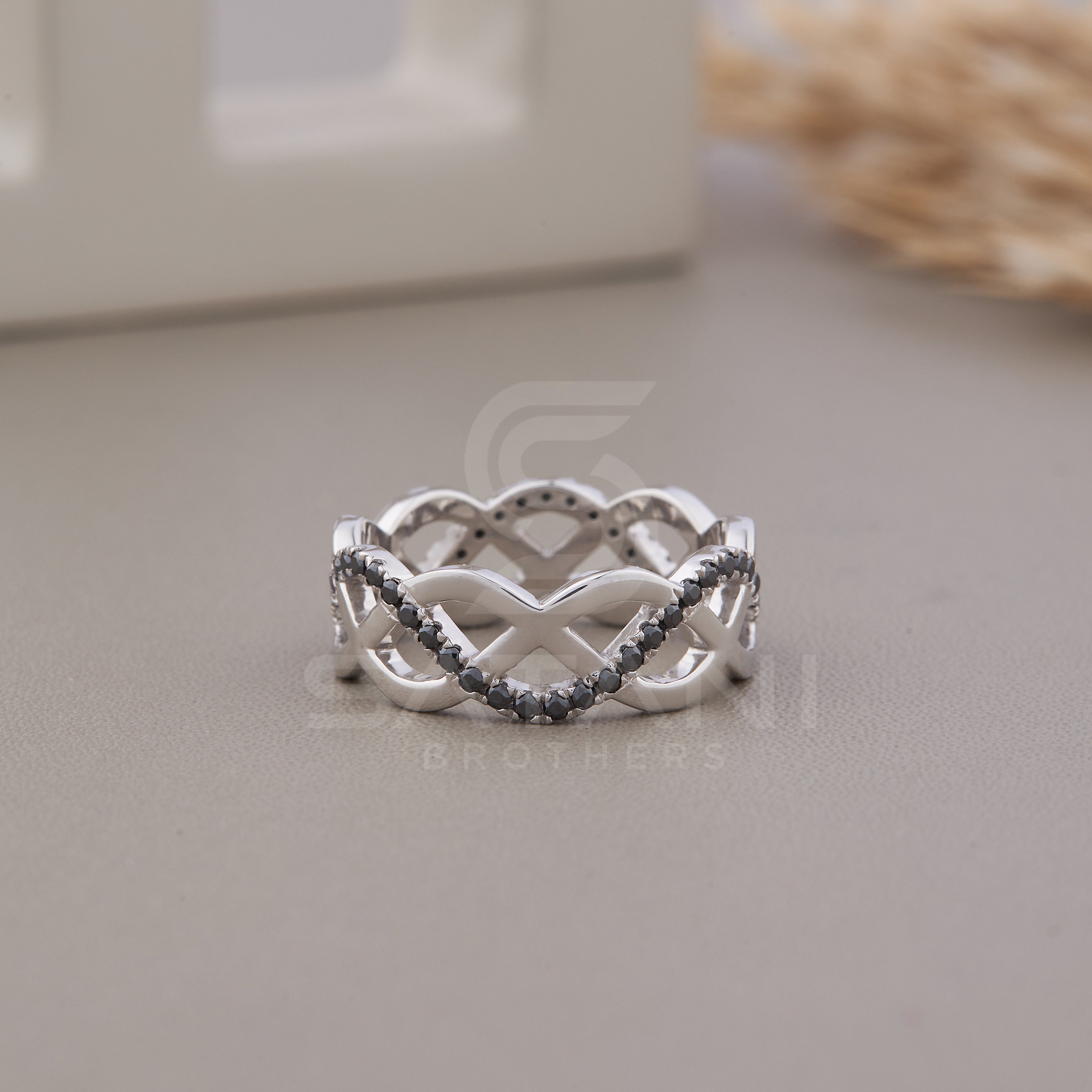 Black Moissanite infinity ring, Infinity ring, Diamond infinity wedding band 10k white gold vintage cross wedding band unique bridal ring