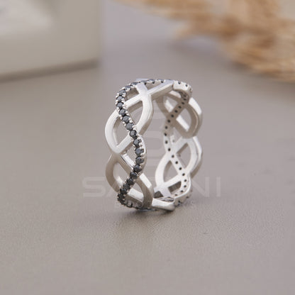 Black Moissanite infinity ring, Infinity ring, Diamond infinity wedding band 10k white gold vintage cross wedding band unique bridal ring