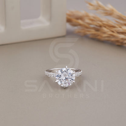 Round Cut Solitaire Engagement Ring, Pave Set Side-Stone Round Engagement Ring, 6 prong Promise Ring Round Diamond Engagement Ring For Her