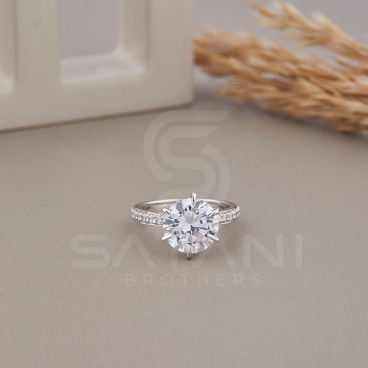 Round Cut Solitaire Engagement Ring, Pave Set Side-Stone Round Engagement Ring, 6 prong Promise Ring Round Diamond Engagement Ring For Her