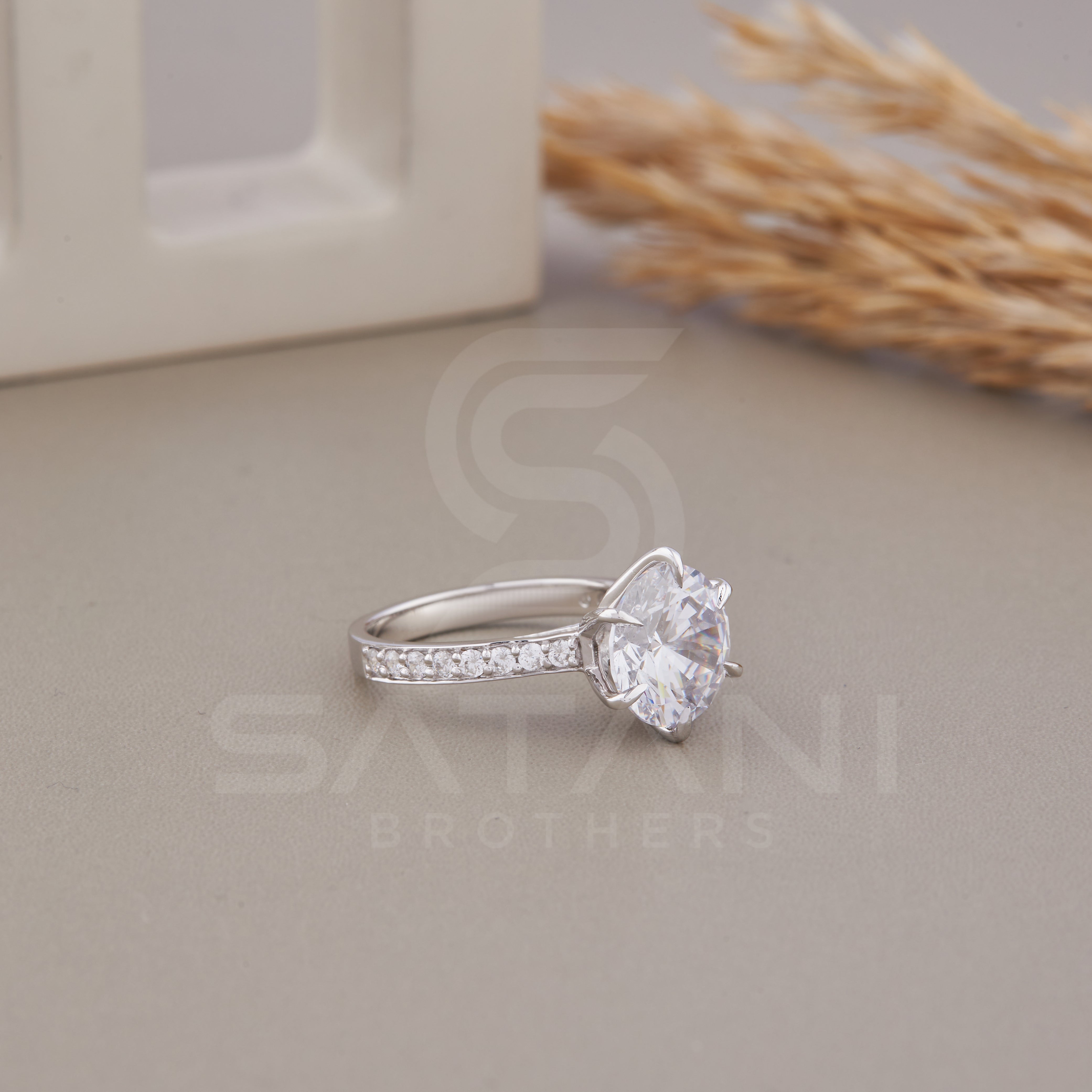Round Cut Solitaire Engagement Ring, Pave Set Side-Stone Round Engagement Ring, 6 prong Promise Ring Round Diamond Engagement Ring For Her