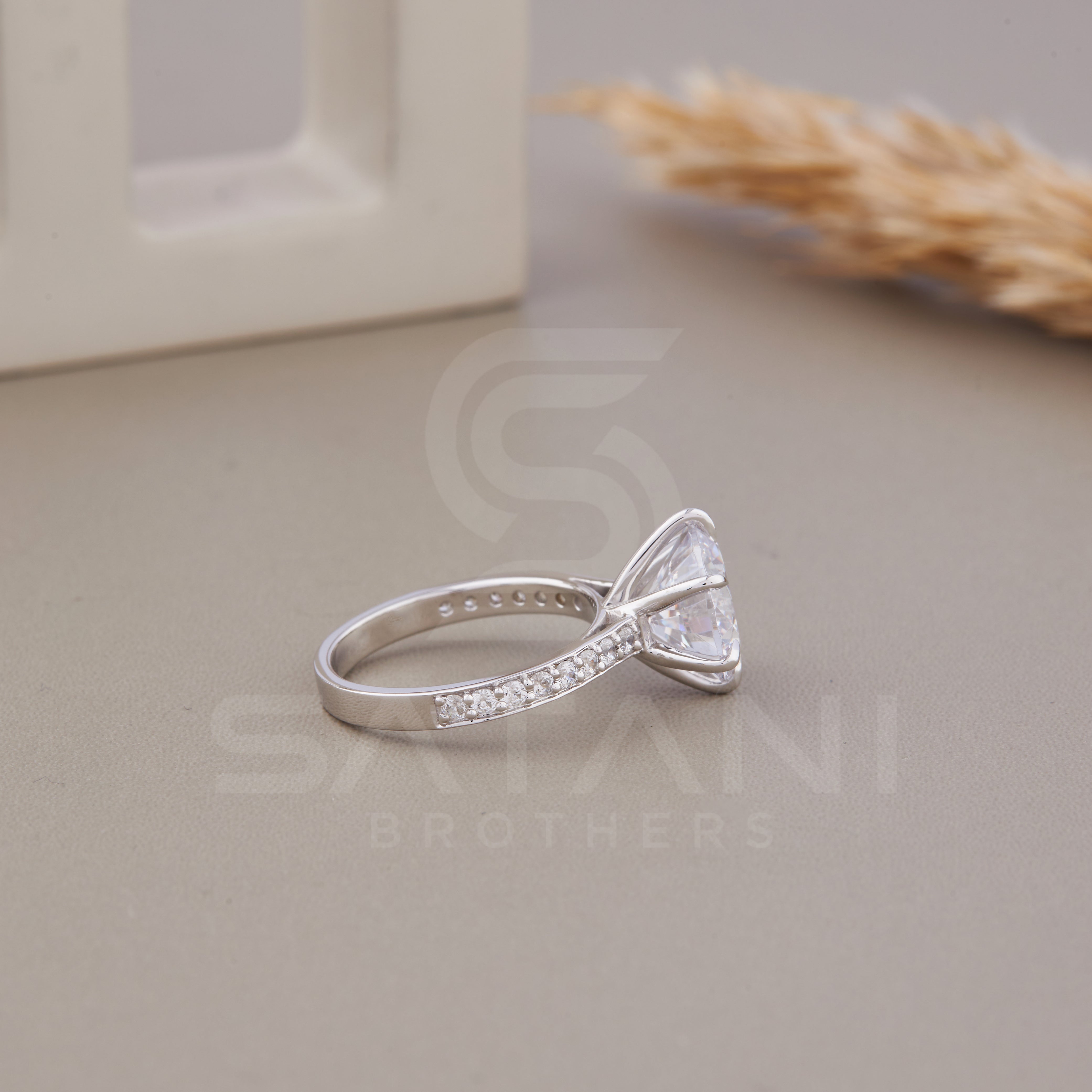 Round Cut Solitaire Engagement Ring, Pave Set Side-Stone Round Engagement Ring, 6 prong Promise Ring Round Diamond Engagement Ring For Her