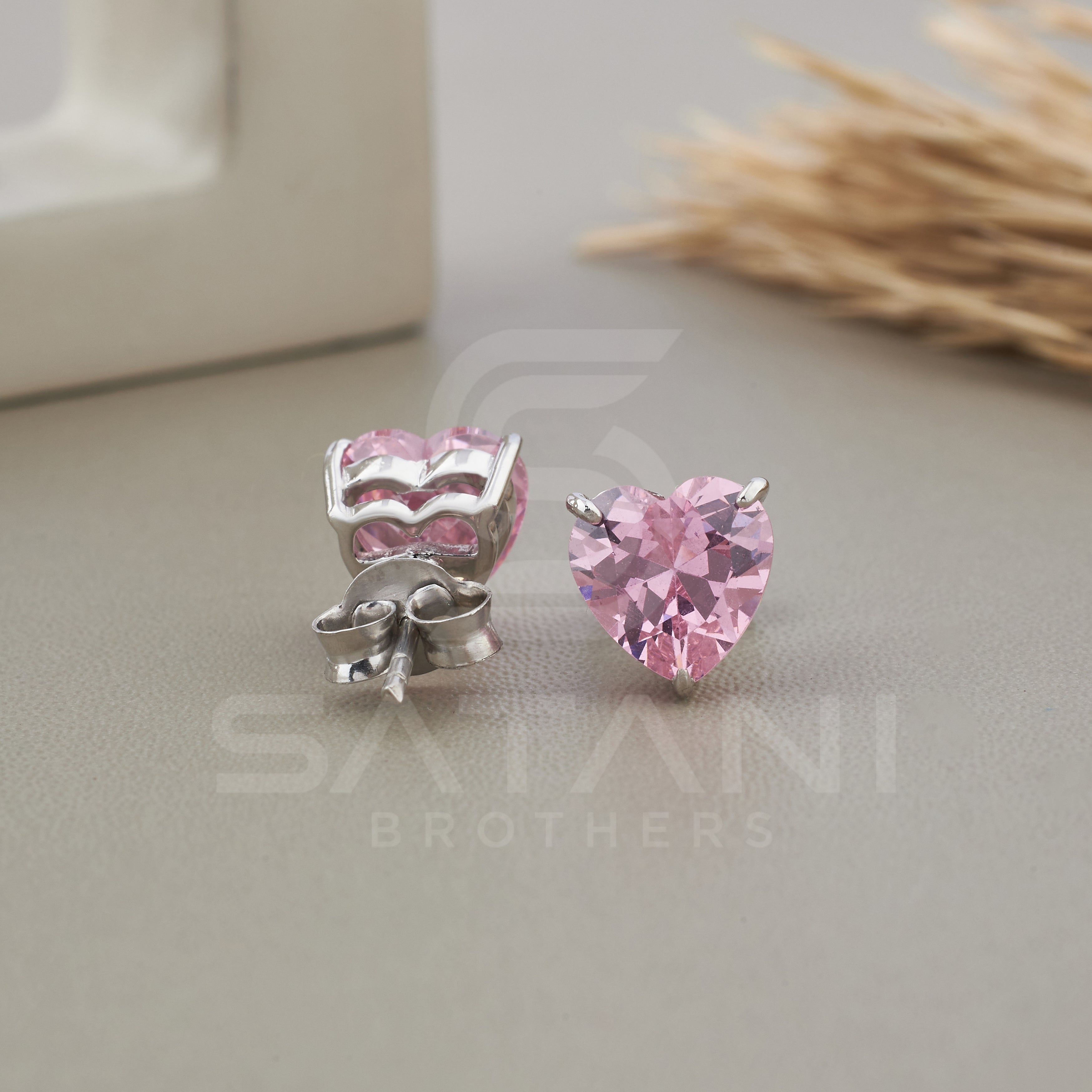Pink Heart Stud Earrings, Diamond Wedding Earrings