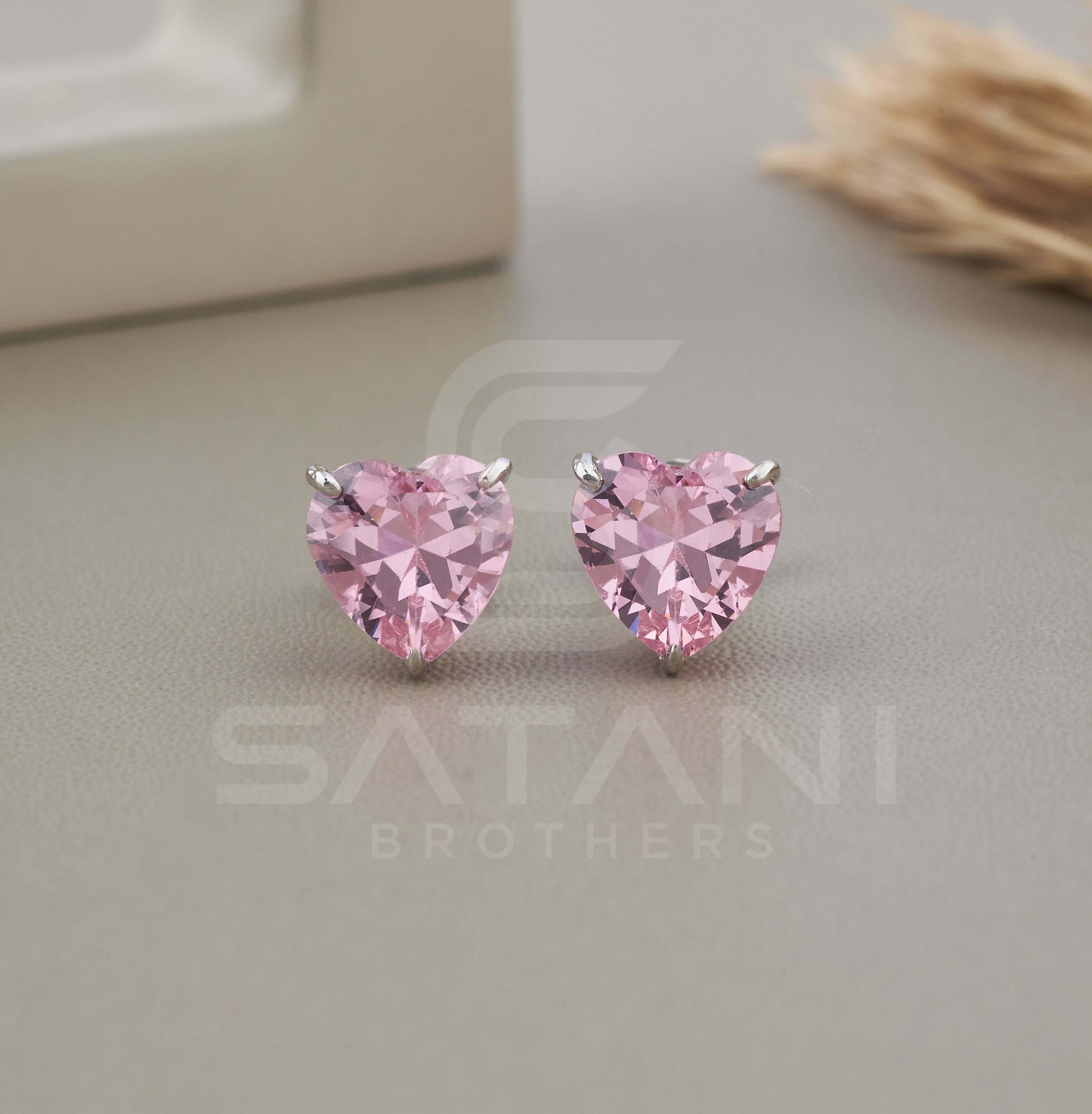 Pink Heart Stud Earrings, Diamond Wedding Earrings