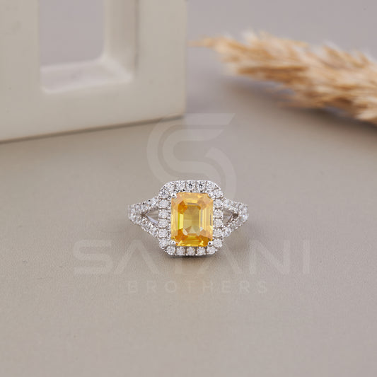Yellow Emerald cut Wedding Ring, Emerald & Round Cut CZ Diamond Ring, Halo Engagement Ring, Split Shank Pave Engagement Ring