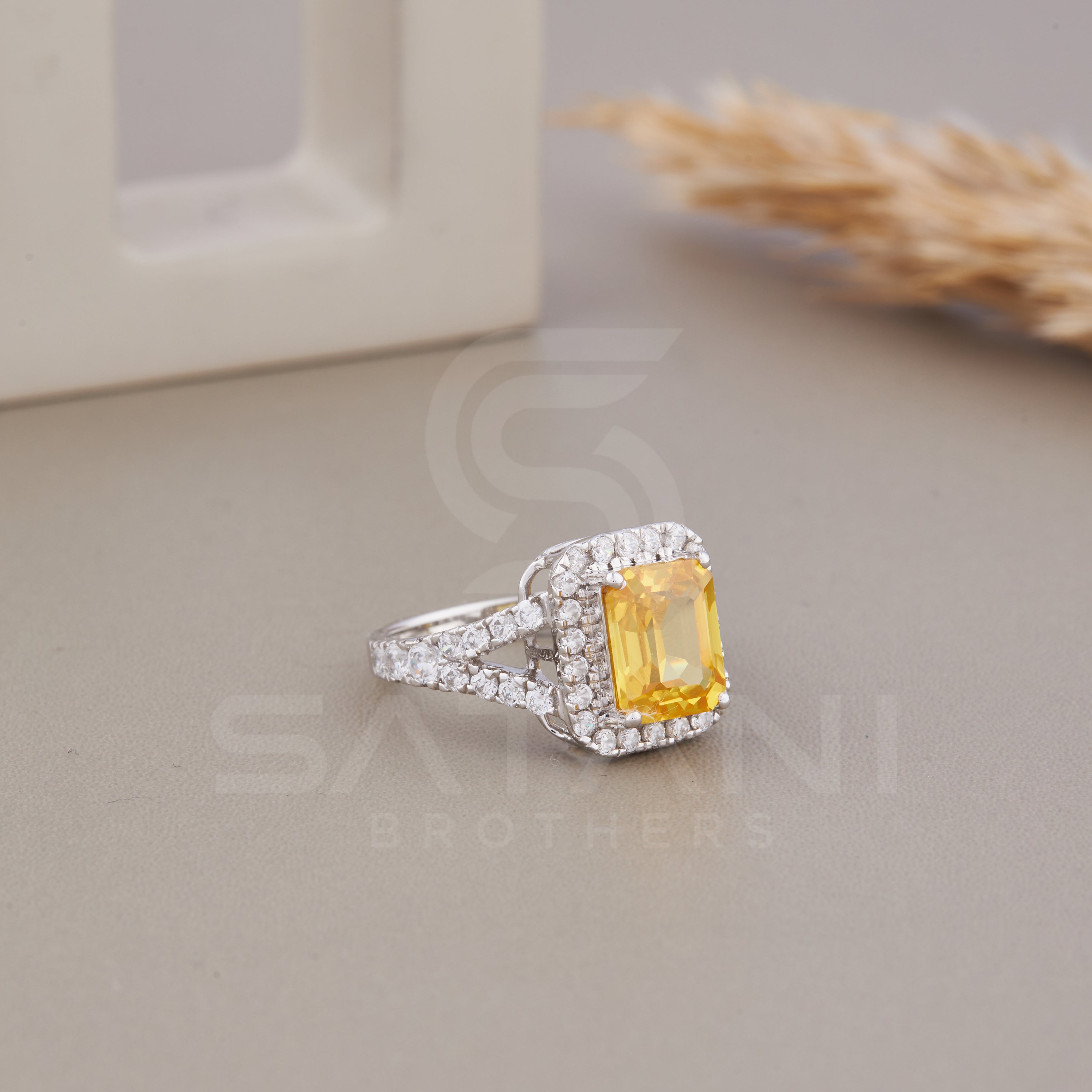 Yellow Emerald cut Wedding Ring, Emerald & Round Cut CZ Diamond Ring, Halo Engagement Ring, Split Shank Pave Engagement Ring