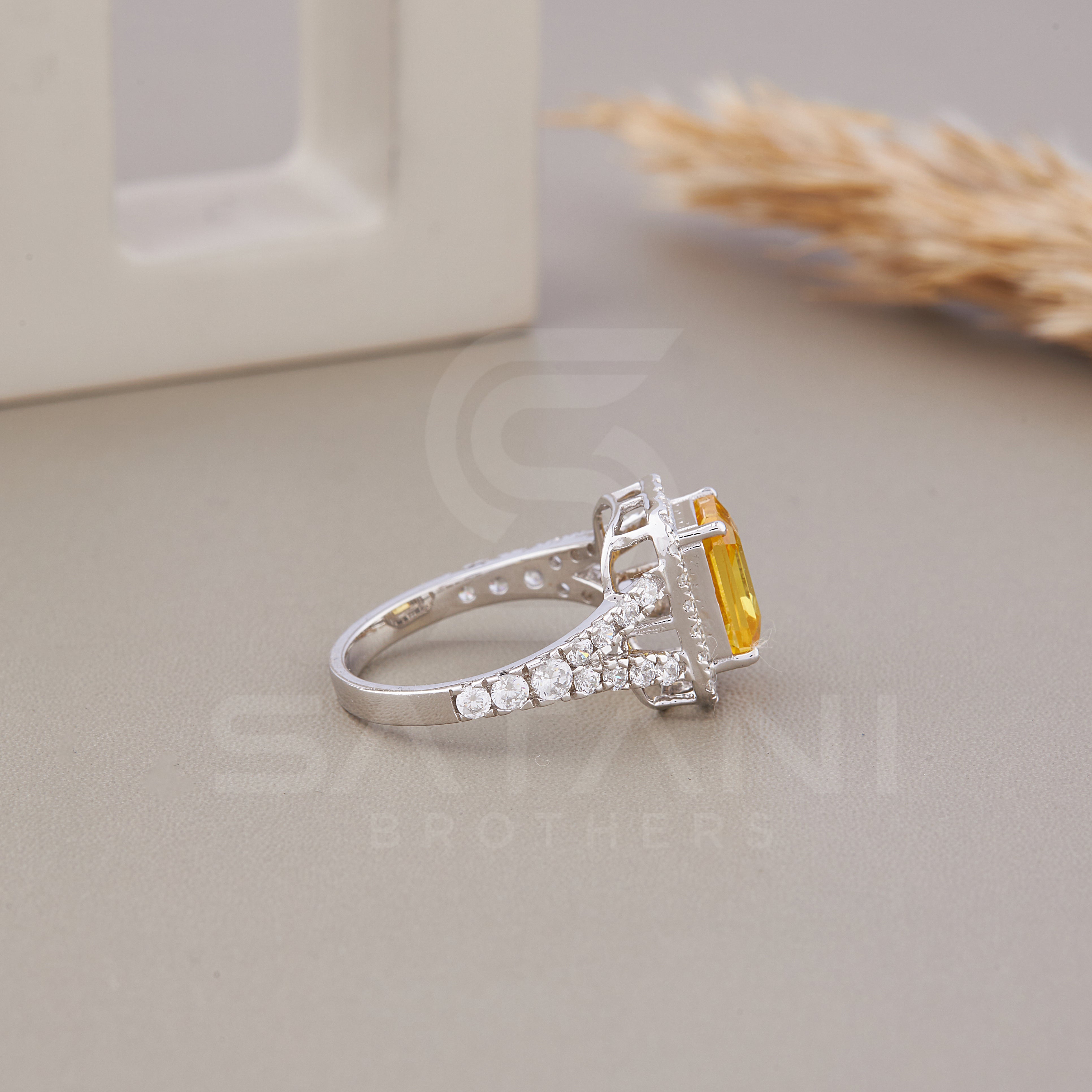 Yellow Emerald cut Wedding Ring, Emerald & Round Cut CZ Diamond Ring, Halo Engagement Ring, Split Shank Pave Engagement Ring