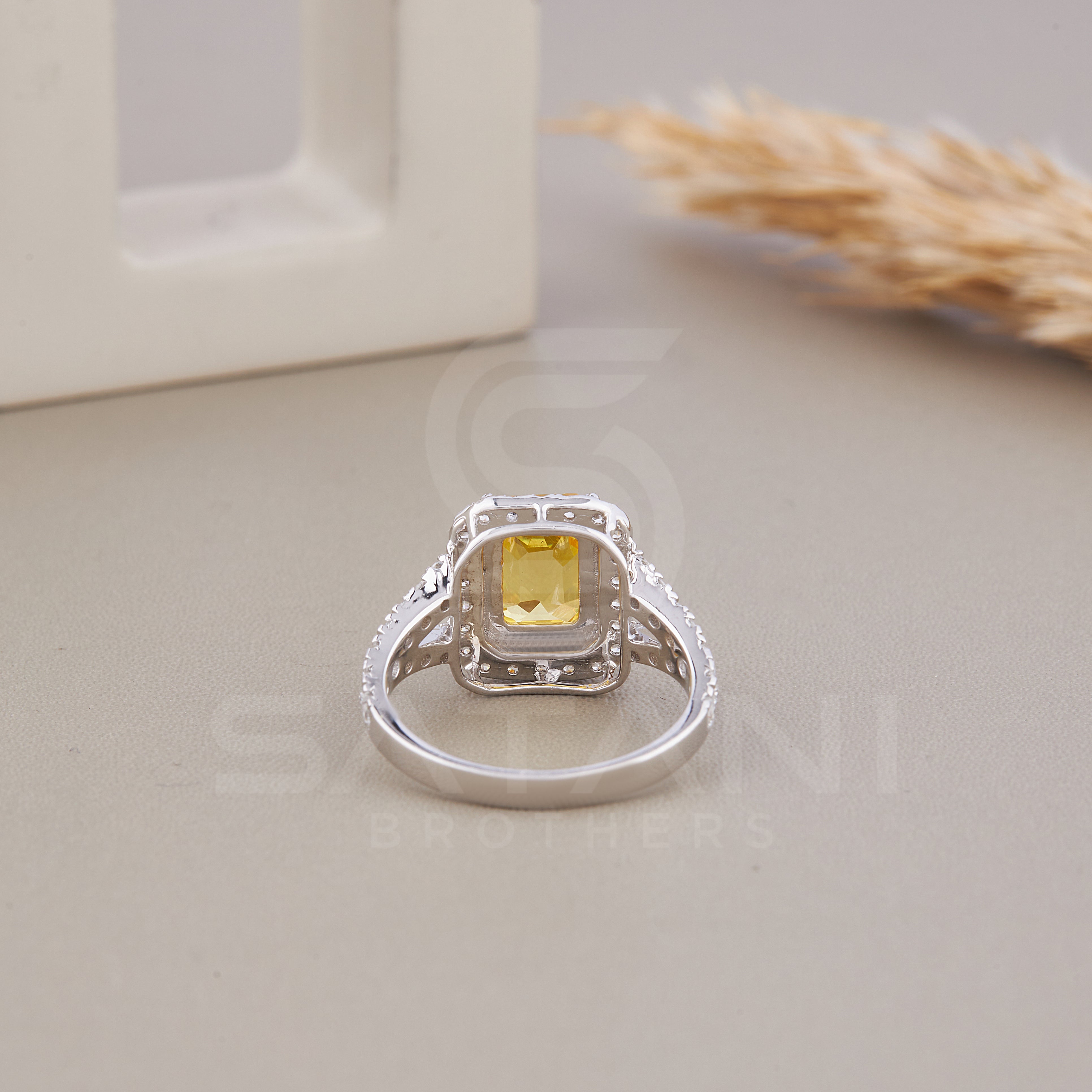 Yellow Emerald cut Wedding Ring, Emerald & Round Cut CZ Diamond Ring, Halo Engagement Ring, Split Shank Pave Engagement Ring